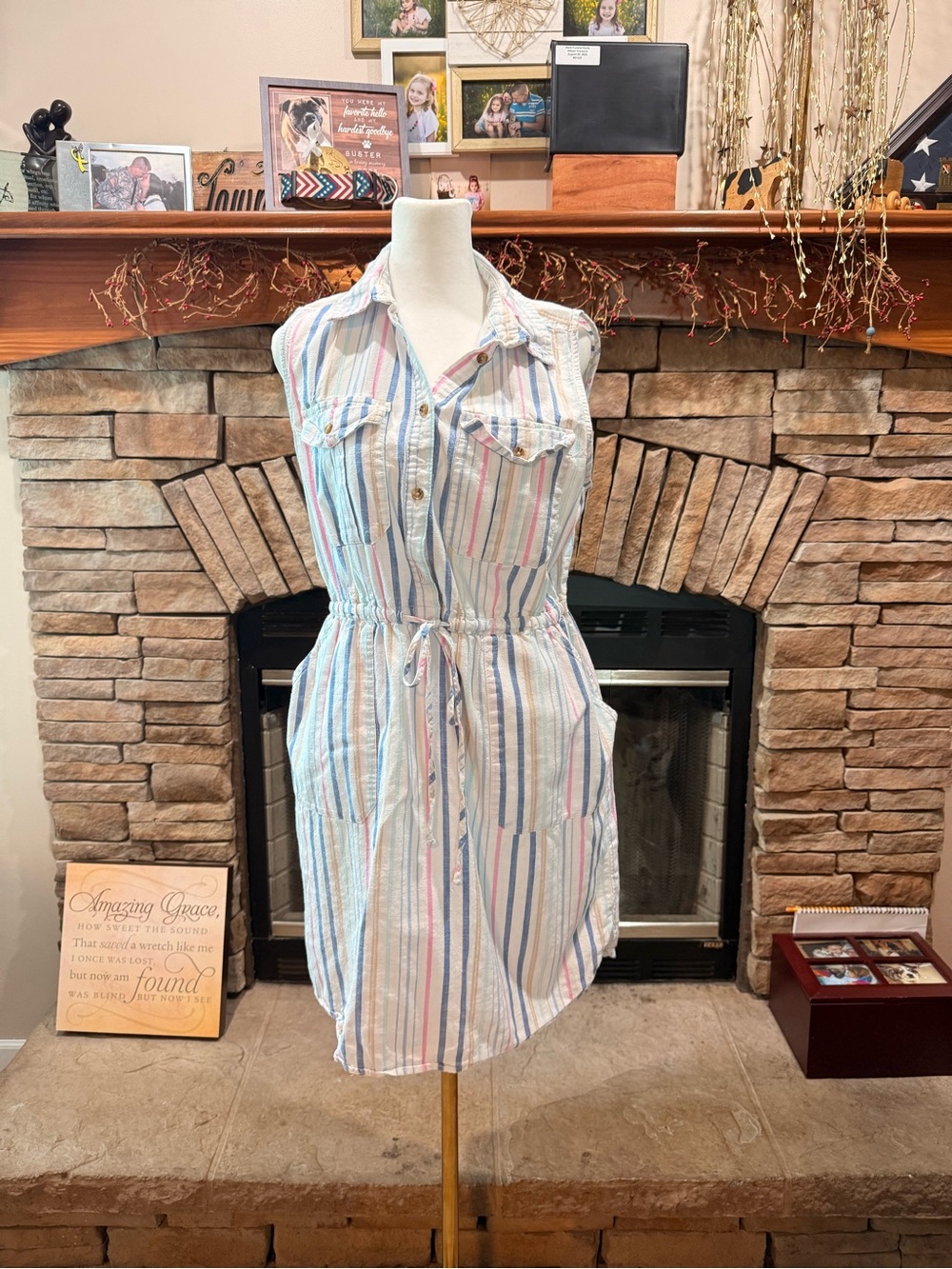 Time and Tru Pastel Multi-Stripe Sleeveless Shirt Dress